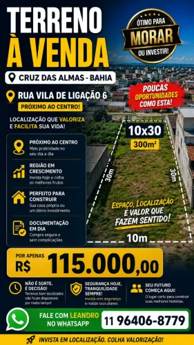 Terreno 10x30 à Venda em Cruz das Almas/BA - Próximo ao Centro | Documentação em Dia