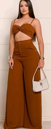 Conjunto Feminino Calça Pantalona + Top Cropped - Tamanho GG