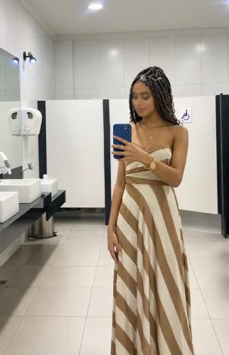Vestido Longo Listrado Bege e Off White - Tam. P