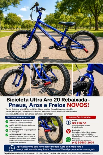Ultra Bikes, modelo Cross Rebaixada (da linha Pro Tork), com tamanho de Aro 20