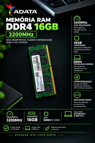 Memória RAM ADATA 16GB DDR4 3200MHz SO-DIMM para Notebook