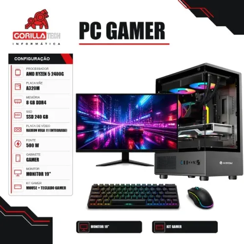PC Gamer Completo Ryzen 5 2400G Vega 11 8GB SSD + Monitor - Gorilla Tech