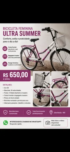 Bicicleta Feminina Ultra Summer Aro 26 - Revisada e Pronta para Uso