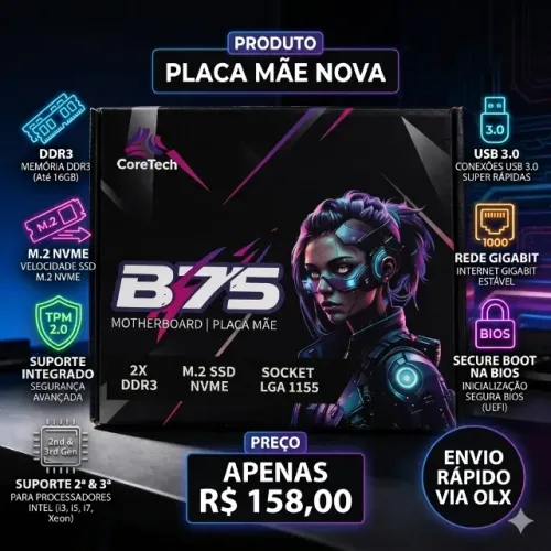 Placa-Mãe B75 1175 CoreTech (Nova/Lacrada) -Suporte NVME e Suporte Chip TPM 2.0