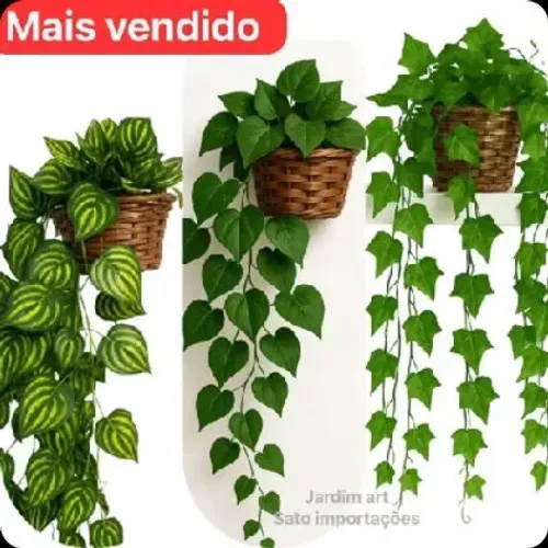 Arranjo Com 03 Trepadeiras Folha de Hera + Vaso Trançado Marrom 