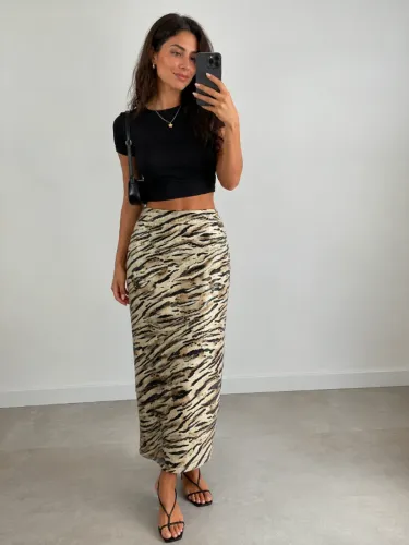 Saia Midi Lápis Animal Print Tigre Cintura Alta