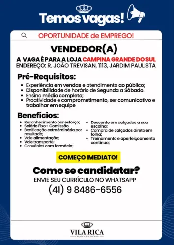 Vendedor ou Vendedora - Loja de Calçados - Campina Grande do Sul - Jd Paulista