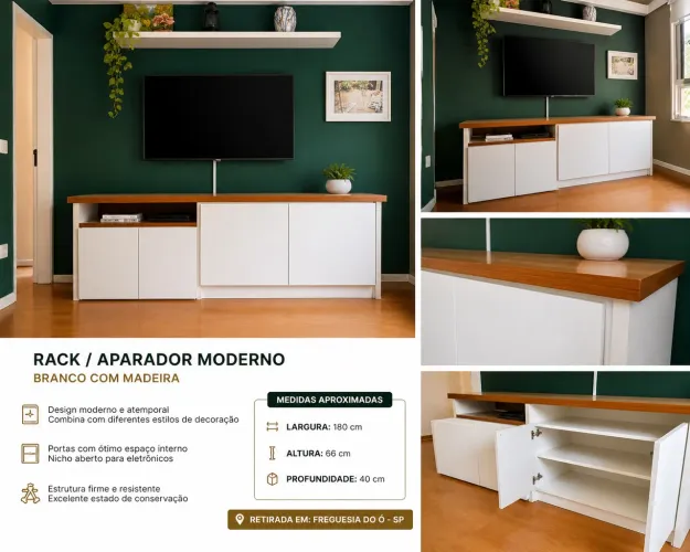Rack / Aparador moderno branco com madeira - excelente estado