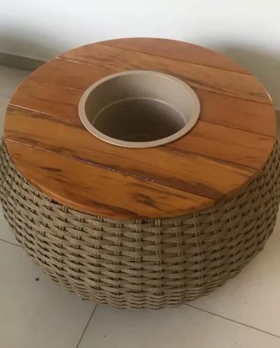 MESA DE CENTRO DE CORDA NÁUTICA TAMPO DE MADEIRA COM CHAMPANHEIRA