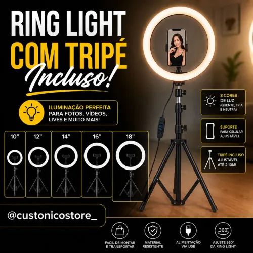 RING LIGHT COM TRIPÉ INCLUSO (DE 10 A 18 POLEGADAS)