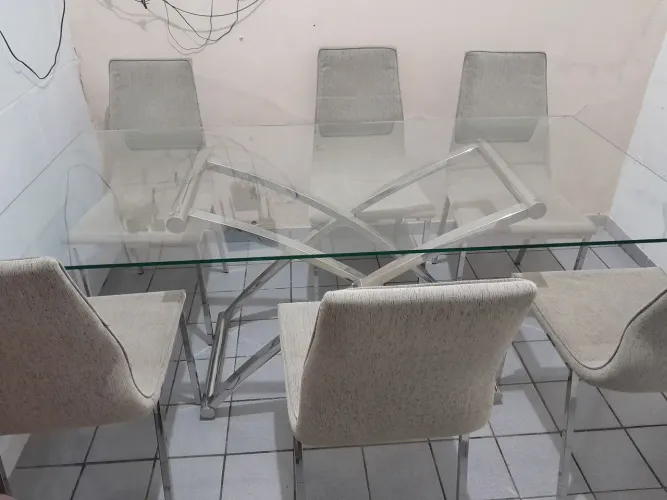 Conjunto de mesa de inox com tampo de vidro