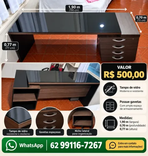 Vende-se Mesa de escritório com gavetas e tampo de vidro