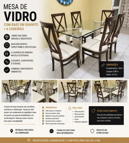 Mesa de Jantar com Tampo de Vidro + Base em Granito + 6 Cadeiras
