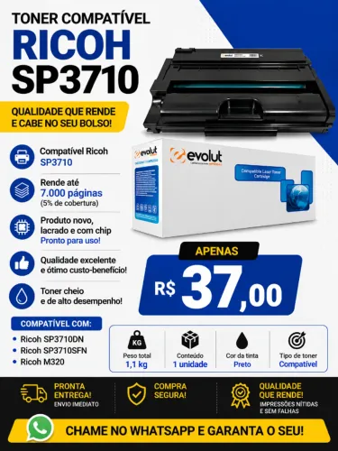 Toner Compativel P/ Ricoh Sp-3710 Sp-3710 408284 P311 M320f Tinta Preto
