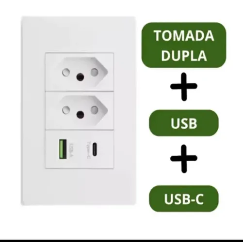 Tomada de parede dupla com entrada para usb e cabo tipo c