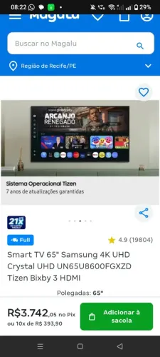 Smart Samsung 65 polegadas UHD cristal