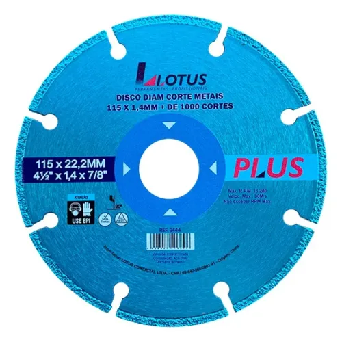 Disco Diamantado para Metais + de 1000 Cortes 115mm x 1,4mm x 22,22mm Lotus 2444