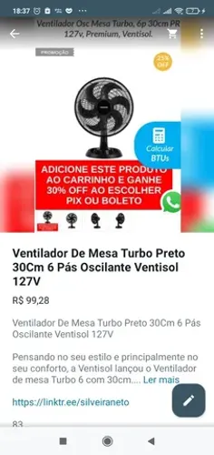 VENTILADOR DE MESA TURBO PRETO 30 CM 6 PAS VENTISOL 127 V