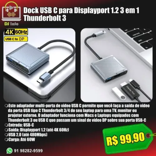 Dock USB C para Displayport 1.2 3 em 1 Thunderbolt 3