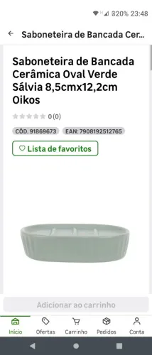 Saboneteira de Bancada Cerâmica Oval Verde Sálvia 8,5cmx12,2cm Oikos