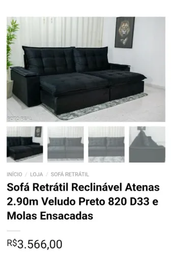 Sofá Retrátil Atenas 2.90m Veludo Preto 820 D33 e Molas Ensacadas<br>