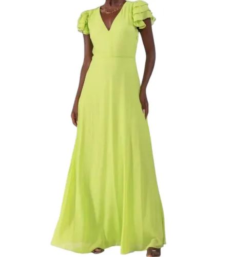 Vestido Longo com Babado nas Mangas em Chiffon verde neon