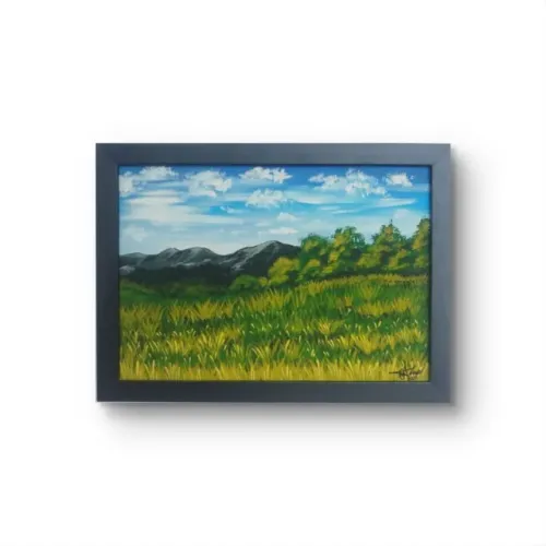 Quadro pintura em MDF - Verde e montanhas 30x21cm com moldura