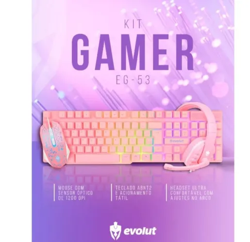 Kit gamer rosa com teclado semi mecânico mouse com 1200 de dpi e headset eg53 evolut