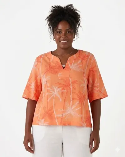 Blusa Feminina GG Viscose Laranja Estampa Coqueiros com Miçanga