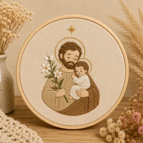Quadro bordado São José em bastidor 14cm