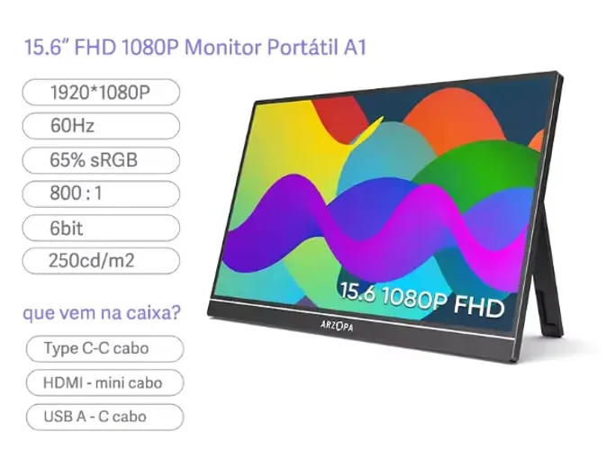 Monitor Portátil ARZOPA 15.6 inch  FHD 1080P IPS USB-C Mini-HDMI Segunda Tela Externa para