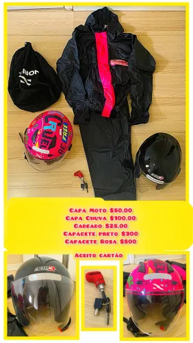 Capacetes/ capa de chuva/ e outros itens completo