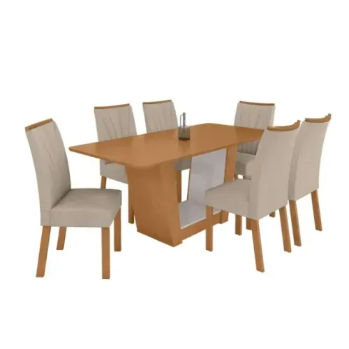 Conjunto Mesa de Jantar com 6 Cadeiras Bege/Amadeirado