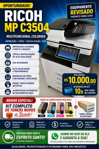 Ricoh MP C3504 Colorida Revisada + Toners Novos | 10x sem juros | R$ 10.000