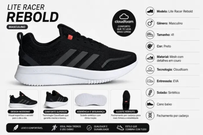 Tênis Adidas Lite Racer Rebold Preto 41