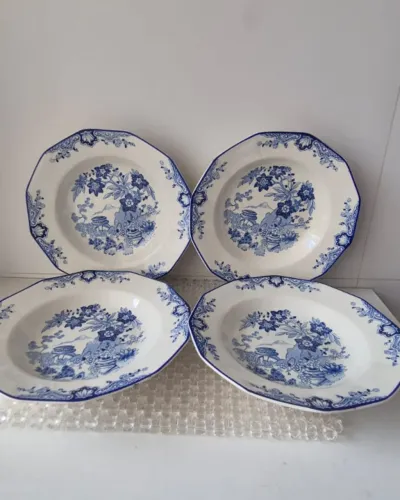 4 Pratos Parede Antigos S Caetano Azul Borrão + Suportes 