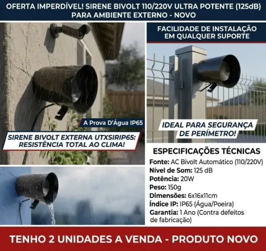 Sirene bivolt para Alarme a Prova d'água IP65 Forte 125dB Utronix