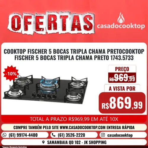 COOKTOP FISCHER 5 BOCAS TRIPLA CHAMA PRETO 1743.5733