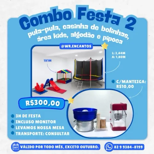aluguel de pula-pula, casinha de bolinhas, algodão doce, pipoca e área kids