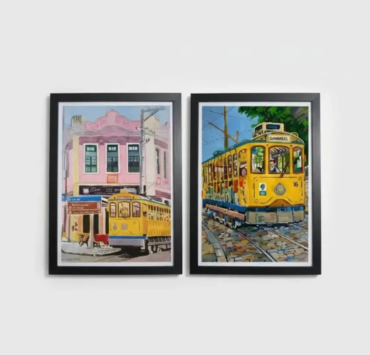 Kit 2 Quadros Decorativos Bonde De Santa Teresa A3 Com Moldura