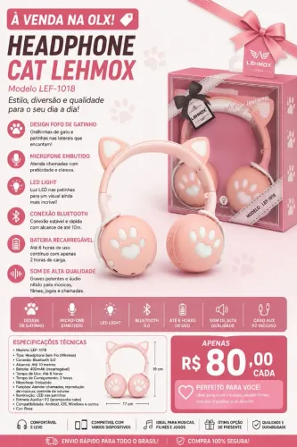 Headphone Bluetooth Lehmox LEF-1018 Orelha de Gatinho