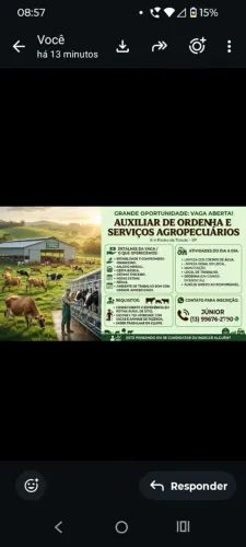 VAGA PARA AUXILIAR DE ORDENHA E SERVIÇOS AGROPECUÁRIOS.