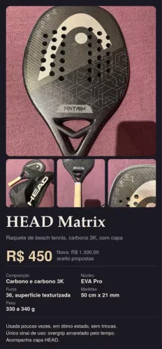 Raquete Beach Tennis HEAD Matrix Carbono 3K + Capa
