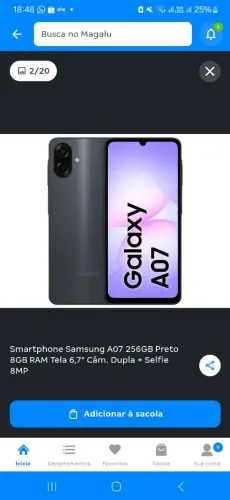 Celular Samsung A07 256GB 8GB de memória RAM lacrado nunca foi usado