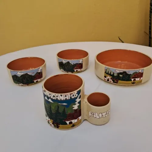Conjunto de Cerâmica Esmaltada Decorada - Petisqueiras - Porta Guardanapo - Paliteiro