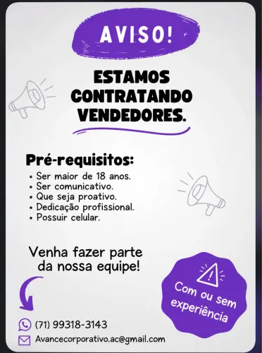 Vaga vendedor / Auxiliar de vendas / Consultor de vendas