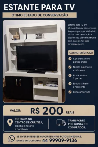 Estante para TV Branca e Preta com Nichos e Armário - Bom Estado