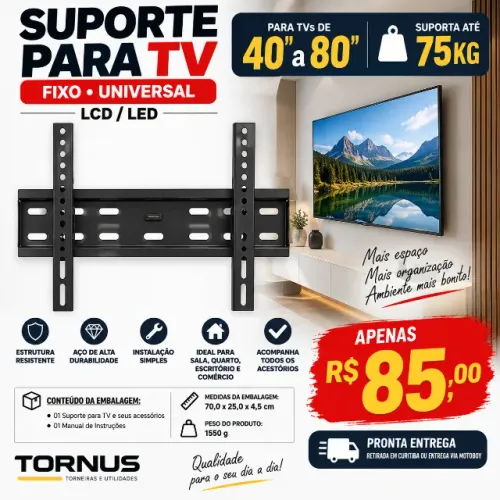 Suporte Fixo para TV 40? a 80? até 75kg - NOVO - R$85