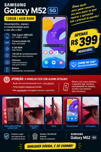 Samsung Galaxy M52 5G 128GB 6GB RAM - Com detalhes
