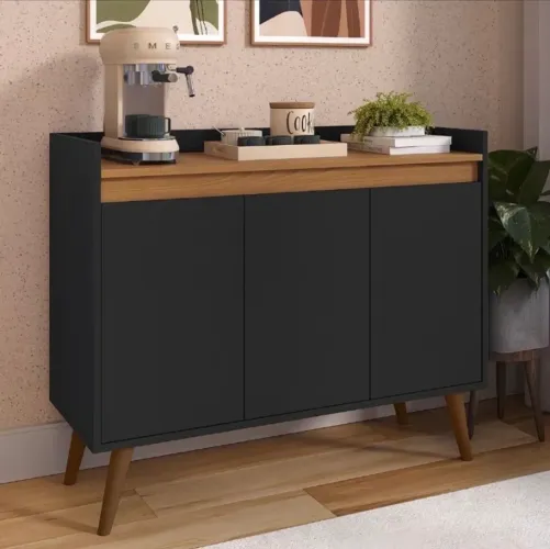 Buffet Aparador 3 Portas Preto com Tampo Amadeirado - Moderno